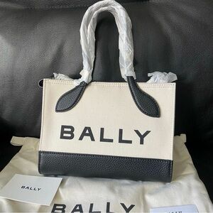 NWT Bally Bar Logo Printed Leather Canvas Black and White Tote Shoulder Bag